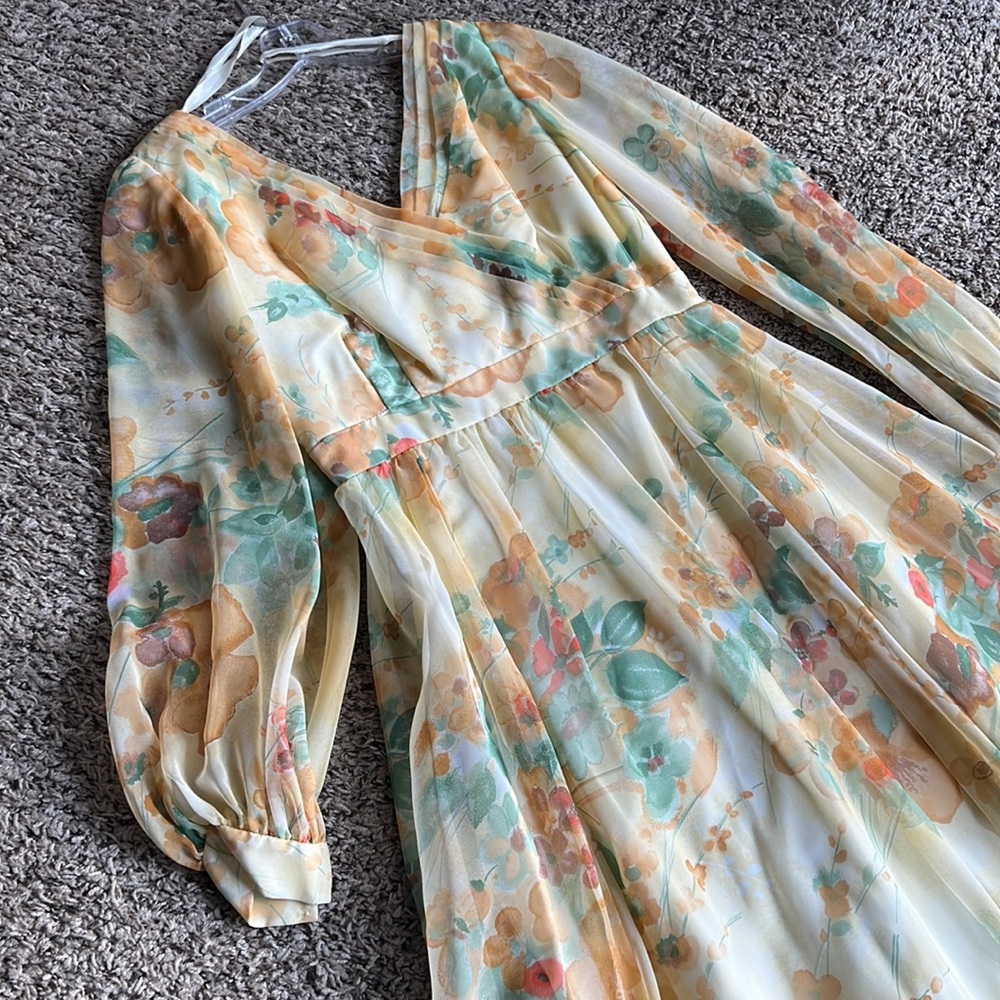 Vintage 70s Chiffon Yellow Floral Floor Length Dress Sz 14 By Union Made - Picture 12 of 16